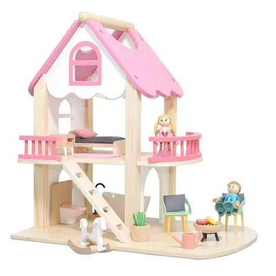 Kids Pink Color Lovely Pretend Play Toy Nice Villa Educational Wooden Doll House for Girls