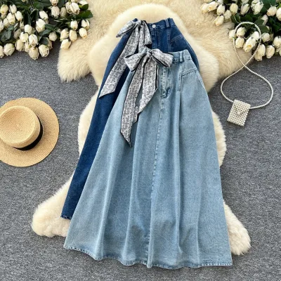 2026 Retro Literary Silk Scarf Denim Simple Midi Skirt for Women High Waist Slimming A-Line Long Skirt Hong Kong Style