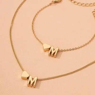 26 English Alphabet Retro Fashion Metal Love Letter M Necklace Bracelet Couple Set Main Stone Zircon Alloy Material Princess Cut
