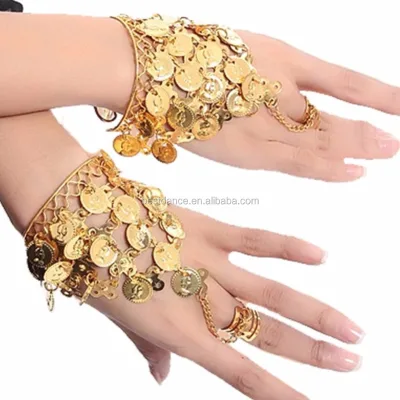BestDance New Lady Belly Dance Performance Gold Coins Bracelet Link Metal Ring to Wrist Bracelet Bangle