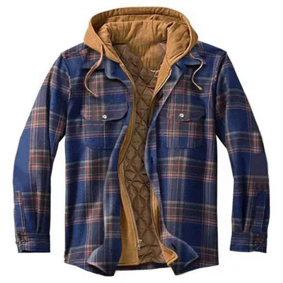 Latest Style Men's Formal Winter Thickened Cotton Coat Long-Sleeved Plaid Hooded Jacket Front Zipper Abrigos Hombre Bomber