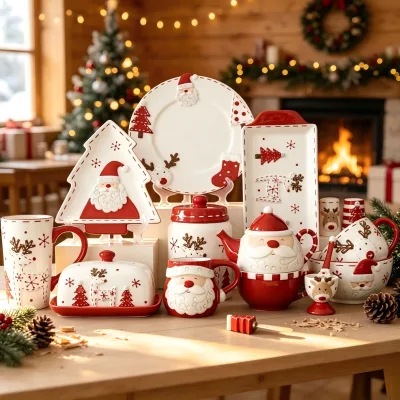 High Quality Christmas Ceramic Dinnerware Set Dishwasher Safe Bowl Plate Porcelain Set for Holiday Gift