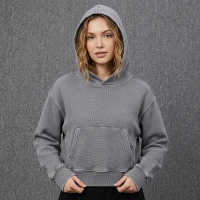 Acid Wash Waffle Texture Cropped Womens Hoodie Oversized Hooded Pullover Daily Streetwear Drop Shoulder Womens Sweatshirt