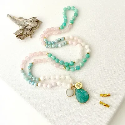 Blue Amazonite and Rose Quartz Crystal Beads Necklace Gemstone Necklace Natural Stone Beaded Necklace Jewwllery