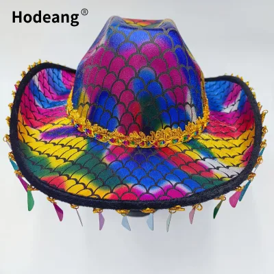 Western Rainbow Laser Fish Scale Cowboy Hat Colorful Glitter Tassel Wide Brim Festival Party Costume Hat