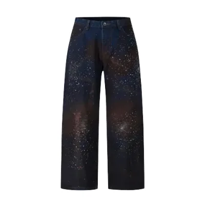 New Starry Sky Mens Mid Waist Loose Wide Leg Denim Woven Pants Casual Boyfriend Jeans 3D Animal Diamond Embroidery Summer Autumn