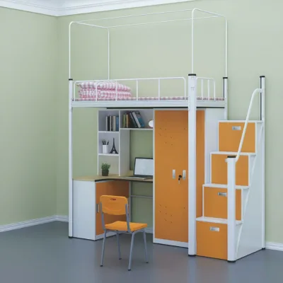 Modern Space Saving College Students Dormitory Metal Bunk Bed with Computer Desk Storage Cabinet Closet for Bedroom