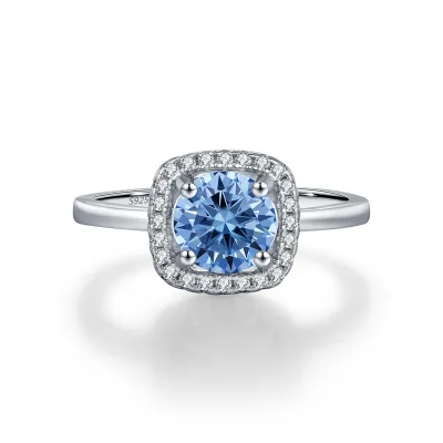 Luxury 1ct Blue Moissanite Ring S925 Silver Cushion Halo Engagement Ring Fancy Blue Diamond Alternative with GRA