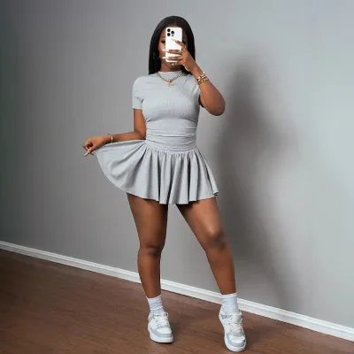 Summer New Personality Fashion Solid Color College Style Off-Shoulder Waist-Cinching Skinny Outfits Pleated Sweet Dress