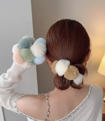 Vintage Wholesale custom elastic soft solid color fashion big fur scrunchies for girls Hair Accessories