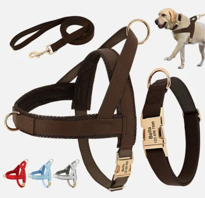 Personalized Custom Nylon Mesh PU Dog Harness Collar and Leash Set Metal Buckle Engraved Name ID Tag for Small Medium Large Dogs