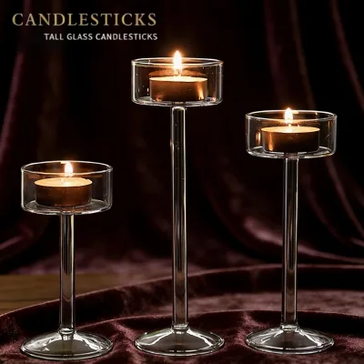 Long-stem Clear Glass Candle Holder High Foot Glass Candlestick Holders 12/15/18cm Tall for Wedding Restaurant Table Decoration