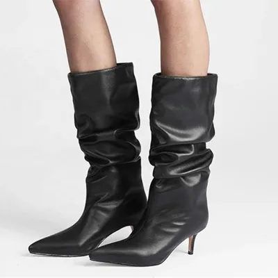 Autumn Winter Solid Loose Pleated Design Shoes Short Booty High Heel Women Calf Boots Half Knee High Big Size 45 Sexy Leopard