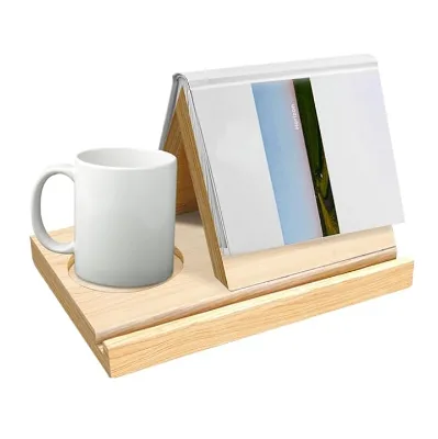 Solid Wood Vintage Style Book Rest Triangle Bookmark Night Book Stand Holder with Coffee Cup Holder