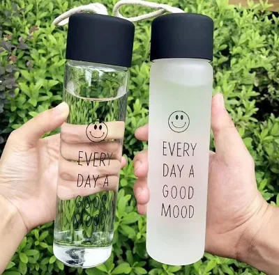 Smile Logo Glass Water Bottle Portable Lanyard Borosilicate Clear Frosted Travel Water Cup for Outdoor School
