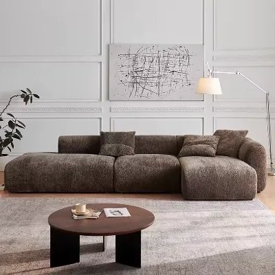 Modern Eco-Friendly Chocolate-Colored Chenille Modular Three-Seater Living Room Sofa Set L-Shaped Corner Sofa for Hotels