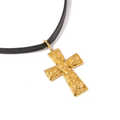 European Fashion Stainless Steel Necklace Spiral Texture Leather Gold Plated Cross Pendant Trendy Vintage Hip Hop Christian