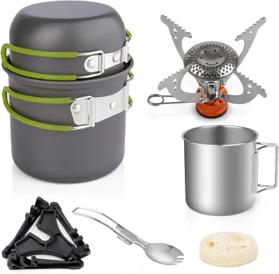 KingGear Outdoor Lightweight Camp Stove Aluminum Cooking Utensils Portable Camping Cooking Set for 2-3 People