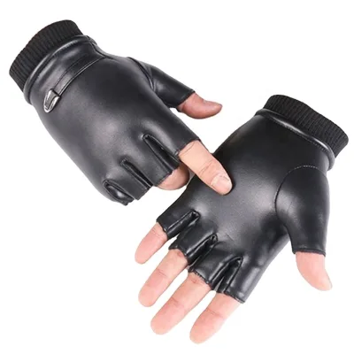 Long Keeper Men's Half Finger PU Leather Cycling Sports Gloves Thermal Breathable Winter Driving Fingerless Black Knit Wrist