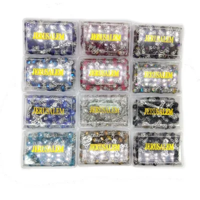 Jerusalem Crystal Cross Necklace Prayer Beads Roasry Church Utensils Christmas Easter Christ Catholic Gift