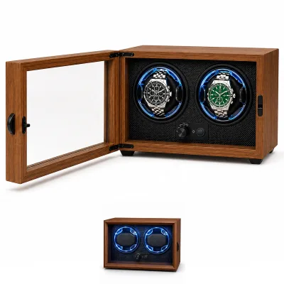 Automatic Watch Winder, Dual Watch Winder with Quiet Motor, 4 Rotation Mode Settings, Wood Grain Case with Glass Door