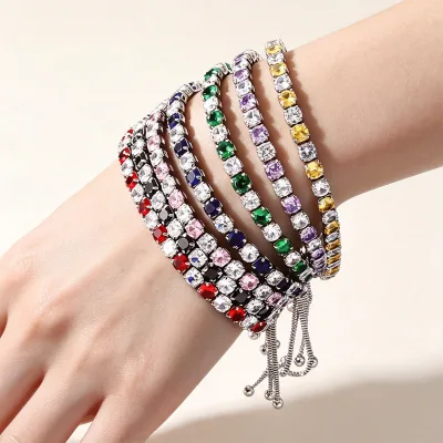 Adjustable Square Crystal Tennis Bracelet, Multi Color Rhinestone Slider Bolo Bracelet, Dainty Cubic Zirconia Women Bracelets