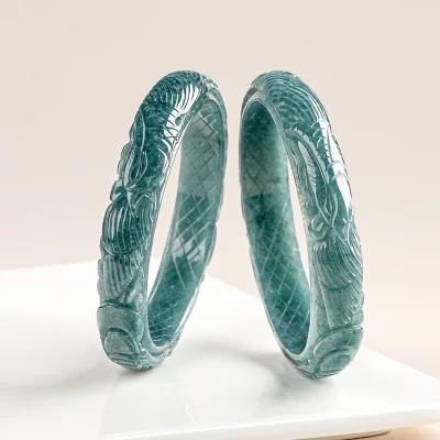 Natural Grade a Icy Blue Water Jadeite Round Bangle 3D Carved Phoenix Bracelet Vintage Jade Jewelry Wholesale