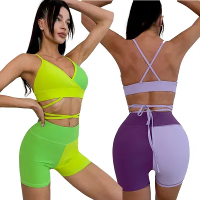 Women Bright Color Shockproof V-neck Sports Bra Back Tie up High Waist Shorts Set Fitness Workout Gym Suit