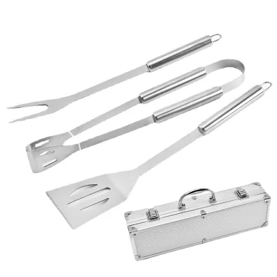 Hot Sale Aluminum Case 3pcs Stainless Steel Outdoor BBQ Grill Tool Set with Spatula Tongs Skewers