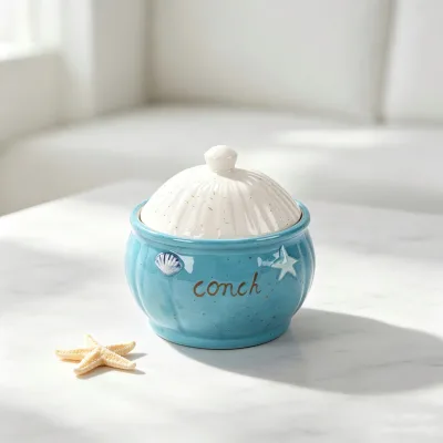 Blue Ceramic Conch Lidded Jar with Seashell Starfish Details Speckled Glaze for Coastal Home Decor Kitchen Storage Candy Snack