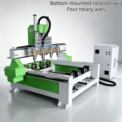 One Drive Four CNC Router, Lower Rotary Shaft Design, High Efficiency for Round Wood Stair Handrail Wooden Ornament Processing