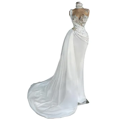 White Sleeveless Satin Beading Ruffles Mermaid Prom Dresses