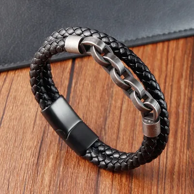 Customized Leather Stainless Steel Buckle Magnetic Bracelets Retro Classic S Steel Cuban Metal Cuff Bracelet for Man Woman