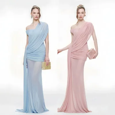 Women Solid Irregular Collar See Through Hem Folds Tassel Skinny Long Dress Elegant Evening Prom Party
