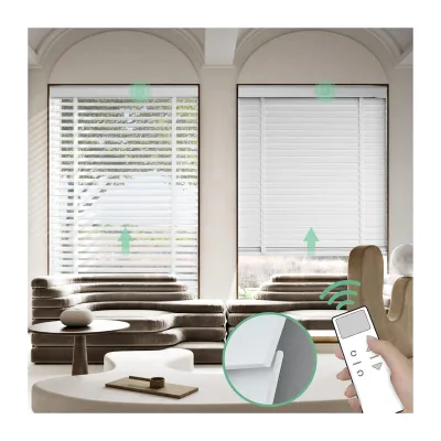Motorized  90% Blackout White Color Electric Remote Rechargeable Basswood Wooden Blinds for Smart Home Office
