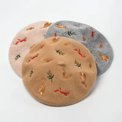 Europe and America Popular Rabbit Squirrel Embroidery Autumn and Winter Wool Berets Women's Casual Custom Embroidered Berets