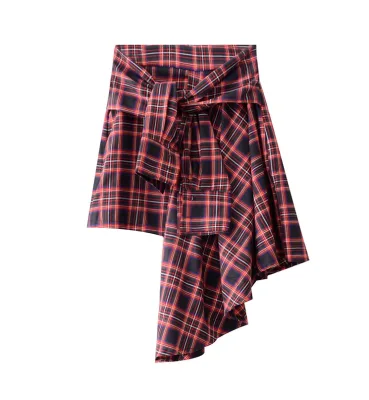 Women's Empire Waist Lolita Style Irregular Plaid Pleated A-Line Eco-Friendly Polyester/Cotton Summer Skirt Plus Size