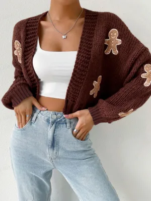 V Neck Gingerbread Print Patch Chunky Openwork Knit Cardigan Womens Cropped Oversized Open Front Knit Jacket for Casual Autumn