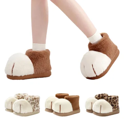 Women Cute Cat Paw Plush Slippers High Ankle Cotton Boots Leopard Print Fluffy Home Footwear With Anti Slip EVA Outsole