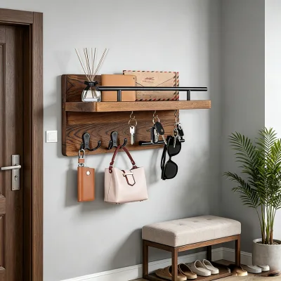 Modern Wood Wall Mounted Coat Rack Entryway Shelf with Hooks for Hats Jackets Keys Organizer Large Capacity Bathroom