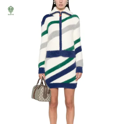 Wholesale Custom logo Oem & Odm Long Sleeves Zipper Fuzzy Soft Striped Jacquard  Knit Two Piece Skirt Women's Sweater Set