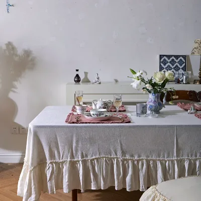 Custom Ivory White Linen Viscose Washable Sustainable Naturally Dyed Tablecloth Ruffled Flounce Elegant Dining Table Decor