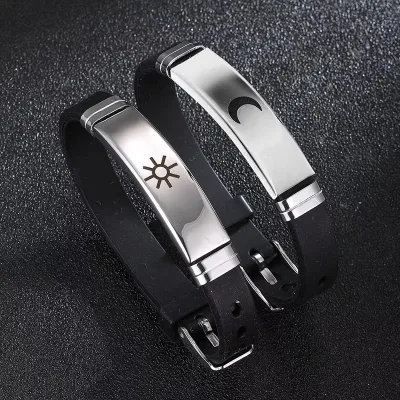 2 Pcs Sun and Moon Couple Bracelet Stainless Steel Silicone Band Bracelets for Best Friends Friendship Jewelry Gifts
