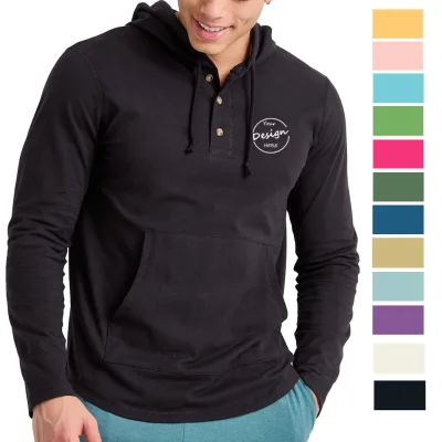 Custom Lightweight Cotton Jersey Button up Hoodie Wholesale Screen Print Plain Cotton Hooded Long Sleeve Mens Henley T Shirt