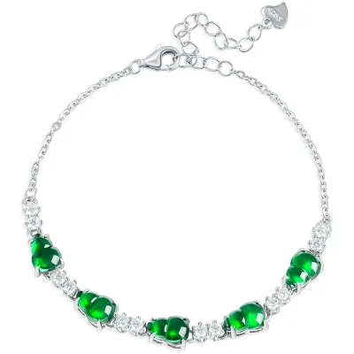 Natural Jadeite Green Gourd  Jade Bracelet S925 Silver Women's Jewelry Original Design Chinese Style Charm D801