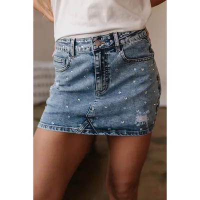 Women's High-Waisted Denim Skirt Rhinestone Patchwork Casual Style for Spring