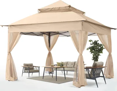 Instant Pop up Gazebo 11x11FT with Double Roof Mosquito Netting and One-Touch Folding Frame for Outdoor Patio Garden Party
