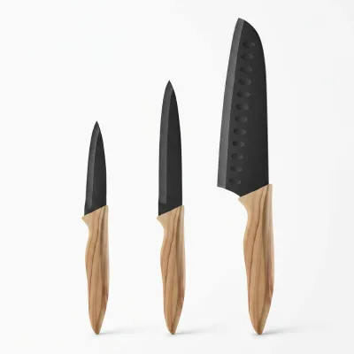Vintage 3Pcs Knife, Stainless Steel Blade with Black Non-stick Coating, Sharp Kitchen Knives Includes Santoku, Utility, Paring