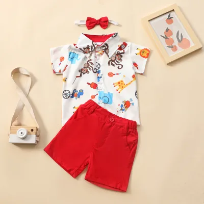 Online Wholesale Shop Kids Boys Lapel Cartoon Bow Tie T-shirt Pattern Pure Color Pants Set