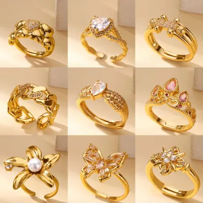 18K Gold Plated Hot-Selling Light Luxury Stainless Steel Heart-Shaped Open Ring with Exaggerated Design and Zircon Flower Knot
